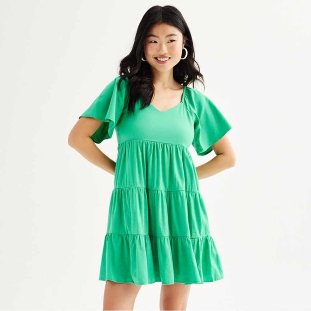 SO® Flutter Sleeve Green Tiered Dress Mini Dress 1X Kohls NEW